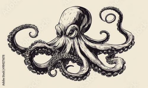 Cartoon illustration of a monstrous octopus in a line art style photo