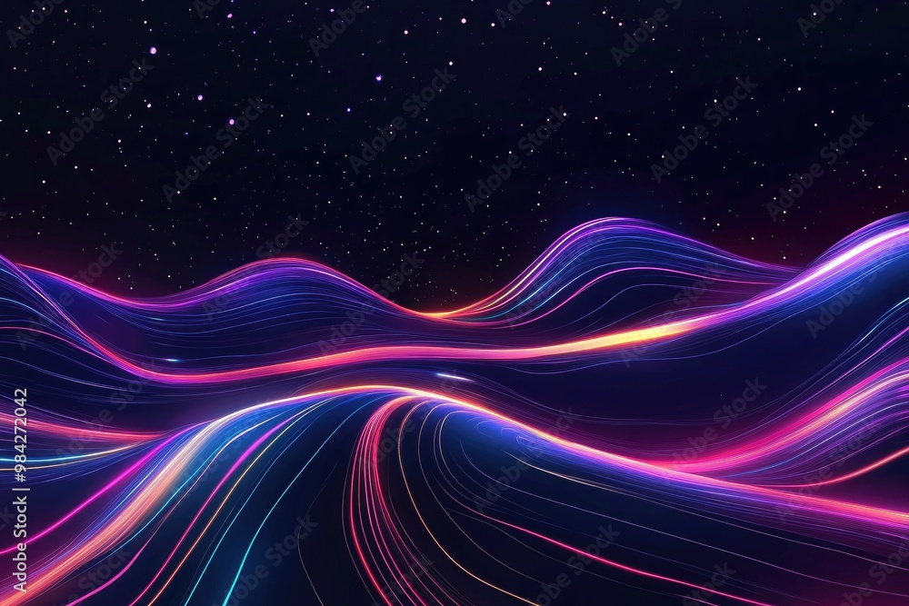 Line art illustration featuring a dark background with glowing neon ribbons and curved light lines creating an abstract night view Line art illustration featuring a dark background with glowing neon ribbons and curved light lines creating an abstract night view