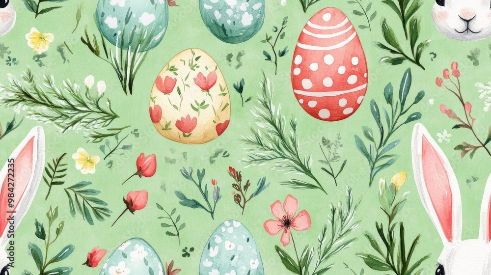Watercolor seamless pattern featuring rabbit ears Easter eggs flowers and plants on a green background celebrating the Easter holiday Watercolor seamless pattern featuring rabbit ears Easter eggs flowers and plants on a green background celebrating the Easter holiday