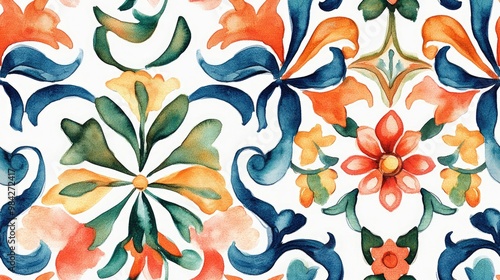Design for ceramic tiles featuring watercolor ornament in majolica style