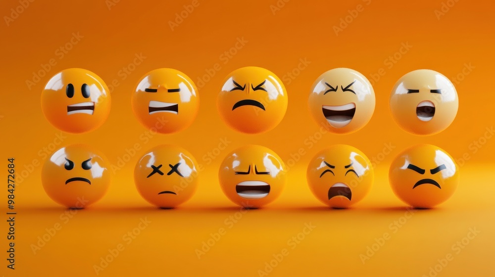 Obraz premium A set of 10 3D emoji icons on an orange background. The emojis are arranged in two rows and show different facial expressions.
