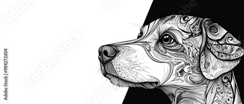 Zentangle style line art illustration of a dog s head featured on a contrasting white and black background photo