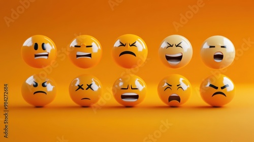 A set of 10 3D emoji icons on an orange background. The emojis are arranged in two rows and show different facial expressions.