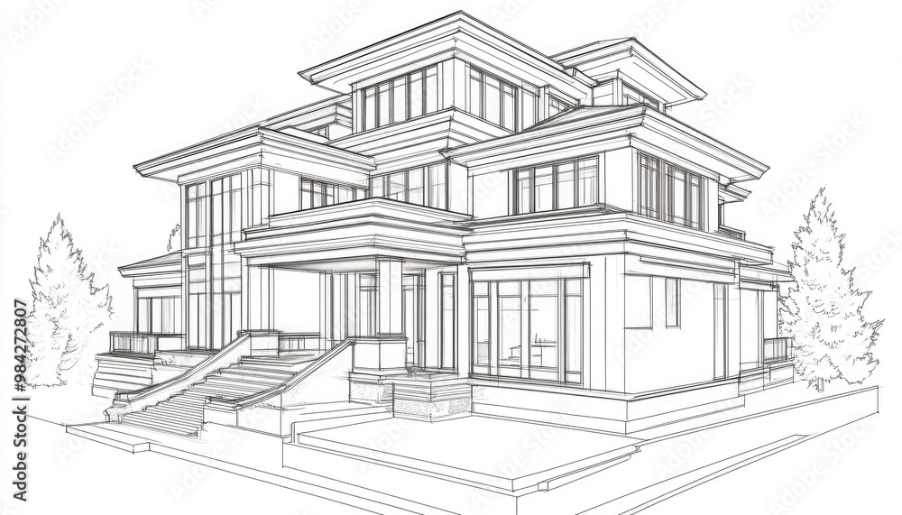 Line art depiction of a house featuring an architectural drawing in a three dimensional style Line art depiction of a house featuring an architectural drawing in a three dimensional style