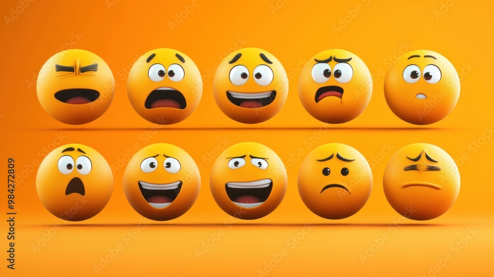Obraz premium A collection of 10 yellow 3D cartoon emoticons with various expressions, including surprised, happy, sad, and worried, against a bright orange background.
