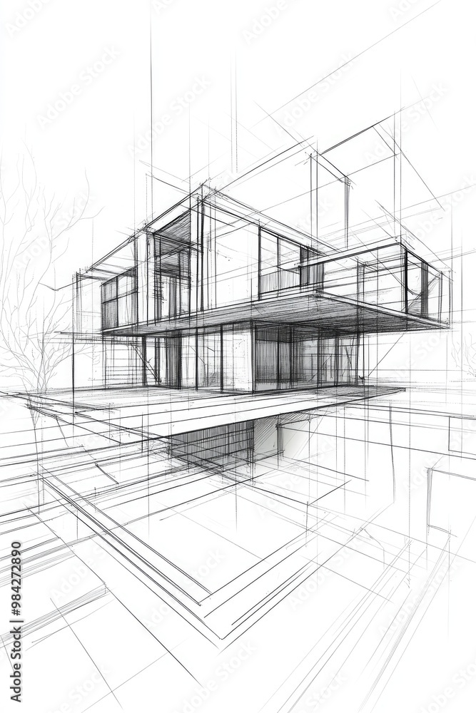 Line art illustration depicting a conceptual sketch of architectural house building in a 3D perspective Line art illustration depicting a conceptual sketch of architectural house building in a 3D perspective