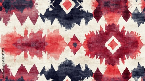 Seamless Native Ethnic Pattern Artistic Geometric Background Dyed Rug Design Red and White Azulejo Inspired Texture Native Ethnic Watercolor Style