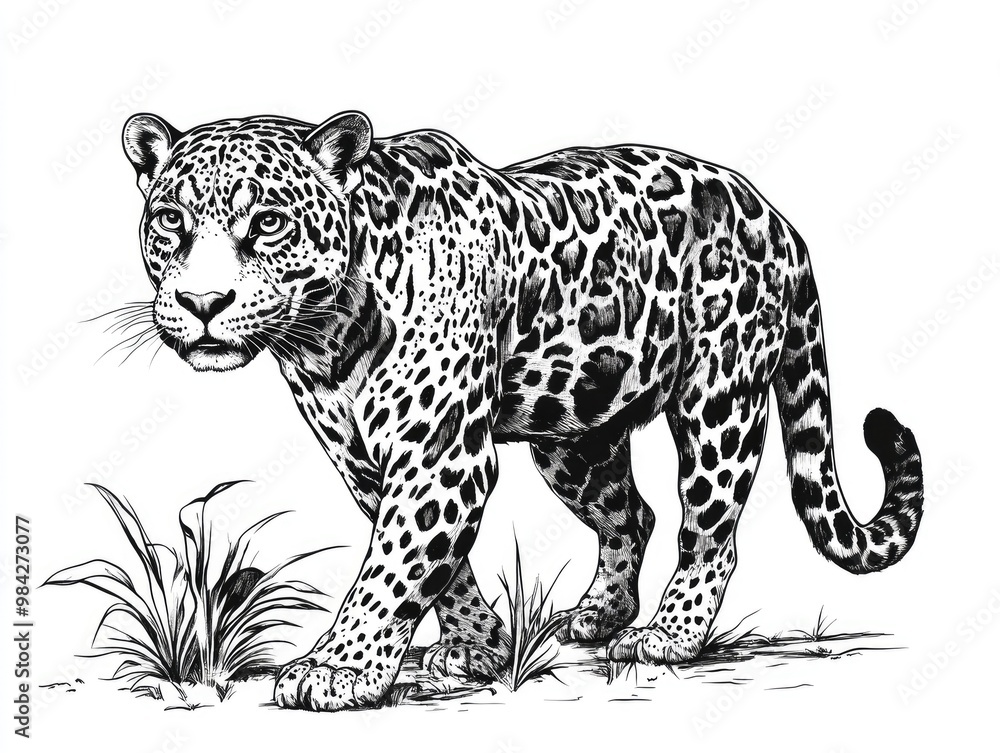 Jaguar illustration in black and white line art style Jaguar illustration in black and white line art style