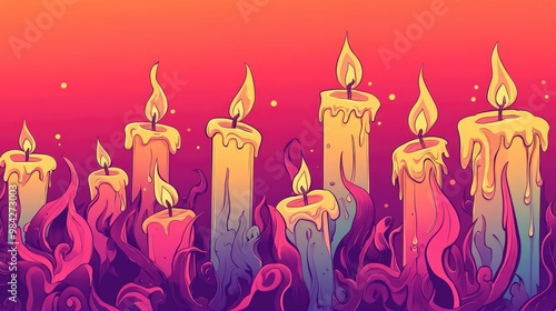 Line art illustration featuring a warm gradient design of whimsical spooky candles in a cartoon style