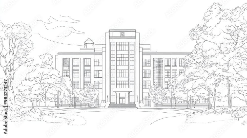 Line Art of a University Campus Building Line Art of a University Campus Building