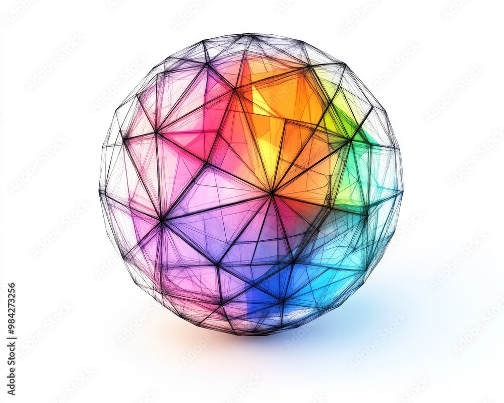 Line art illustration of a dimensional wireframe low poly object featuring a spherical colorful faceted shape with a black grid representing a 3D mesh element for engineering design Line art illustration of a dimensional wireframe low poly object featuring a spherical colorful faceted shape with a black grid representing a 3D mesh element for engineering design