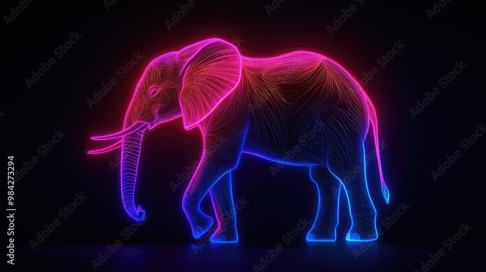 Line art illustration featuring a neon depiction of a young African elephant Line art illustration featuring a neon depiction of a young African elephant