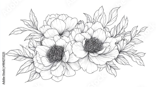 Peony line illustration featuring black and white floral bouquets Flower coloring design with fine line artistry and hand drawn botanical elements for wedding invitations