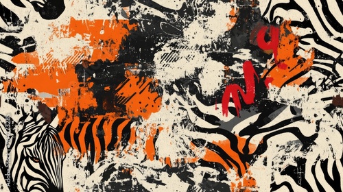 Zebra and tiger pattern texture featuring graffiti style text and handwritten street art