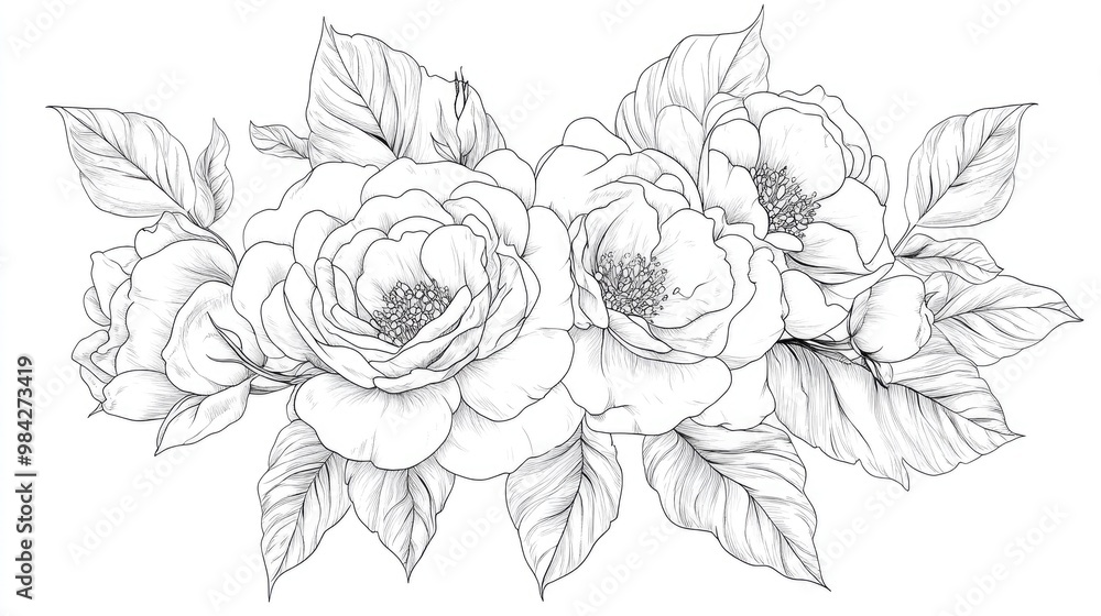 Line Art of Rose Flowers Floral Bouquets and Frames Hand Drawn Fine Line Illustrations of Roses Leaves and Botanical Elements Coloring Page Featuring Isolated Peony Roses Line Art of Rose Flowers Floral Bouquets and Frames Hand Drawn Fine Line Illustrations of Roses Leaves and Botanical Elements Coloring Page Featuring Isolated Peony Roses