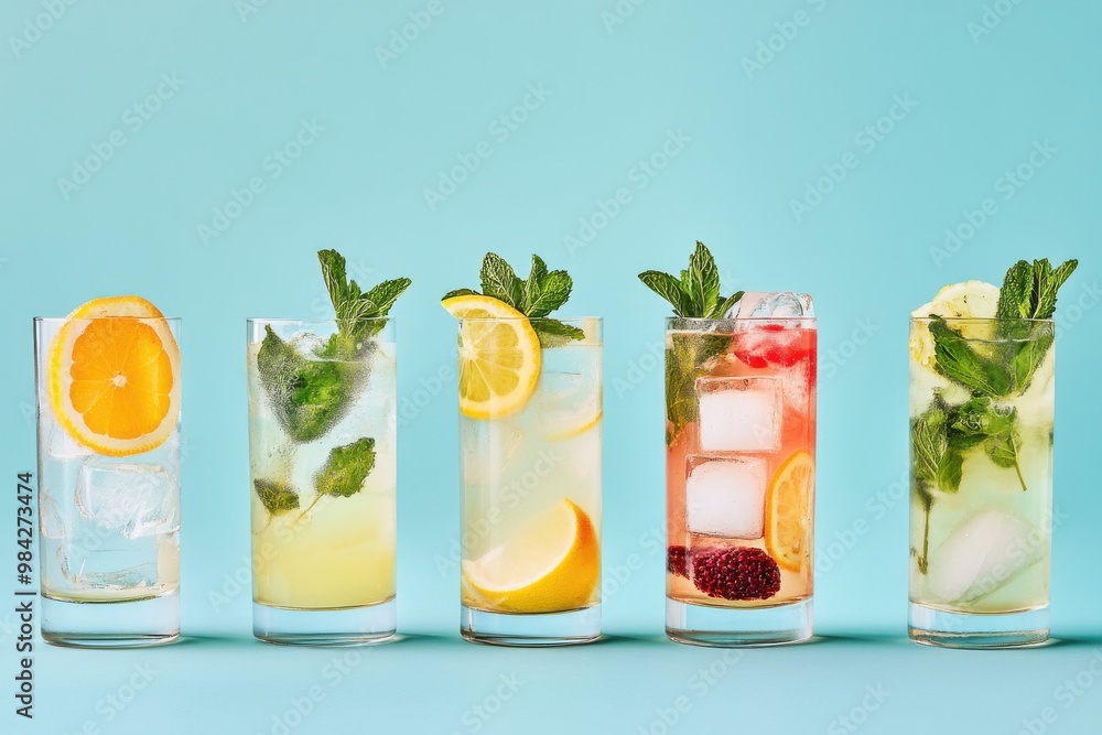 An elegant row of refreshing cocktails in modern glassware, lined up against a soft pastel blue An elegant row of refreshing cocktails in modern glassware, lined up against a soft pastel blue