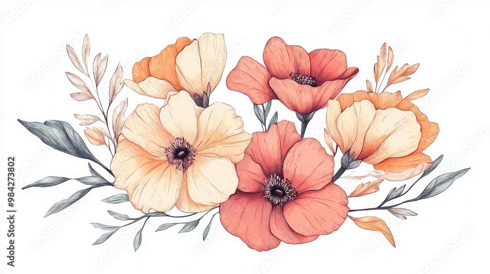 Line art illustration of a bouquet of flowers suitable for greeting cards wedding invitations birthday celebrations and summer themed designs Watercolor style Line art illustration of a bouquet of flowers suitable for greeting cards wedding invitations birthday celebrations and summer themed designs Watercolor style