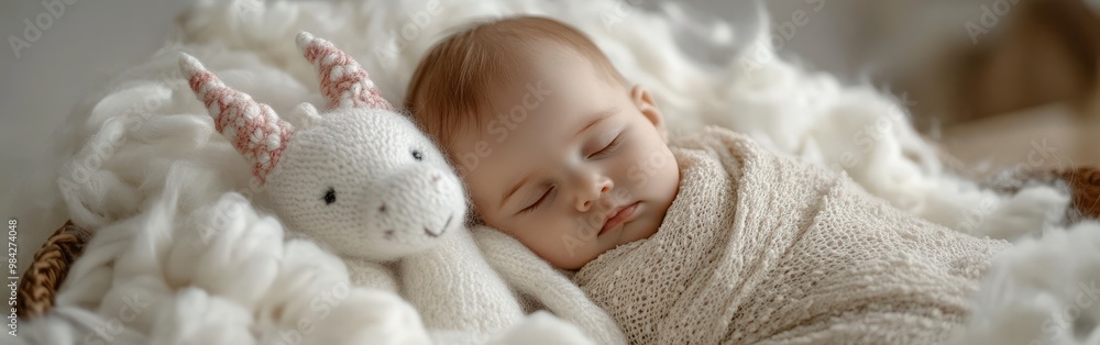 Newborn baby resting with a cute fluffy dragon in magical warmth Newborn baby resting with a cute fluffy dragon in magical warmth