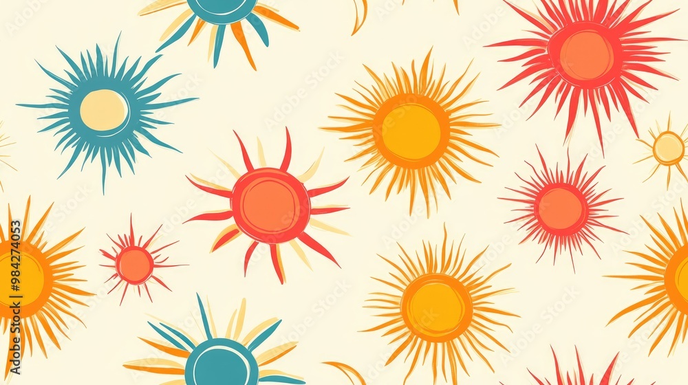 Seamless texture featuring a vibrant pattern of bright cheerful suns in various shapes and colors radiating warmth Illustration Seamless texture featuring a vibrant pattern of bright cheerful suns in various shapes and colors radiating warmth Illustration