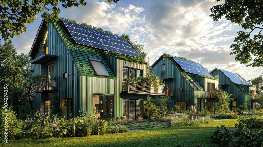 A futuristic eco-home with green James Hardie siding, featuring solar panels and green roofs, set in a sustainable living community to emphasize eco-friendly construction A futuristic eco-home with green James Hardie siding, featuring solar panels and green roofs, set in a sustainable living community to emphasize eco-friendly construction