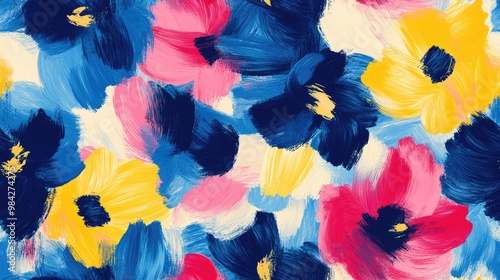 Seamless floral pattern featuring abstract design with blue yellow fuchsia and red brush strokes in oil art style photo