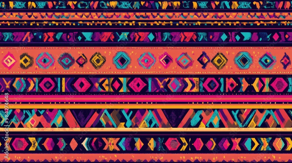 Ethnic tribal festive fabric pattern featuring abstract geometric colorful stripes and ornamental elements Ethnic tribal festive fabric pattern featuring abstract geometric colorful stripes and ornamental elements