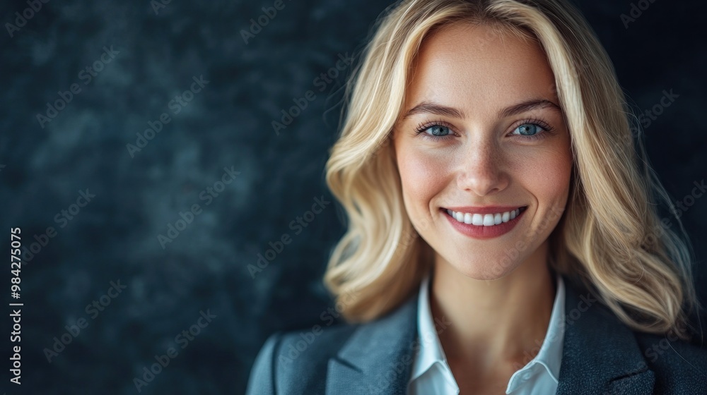 Portrait of a smiling businesswoman with long blonde hair and blue eyes. Portrait of a smiling businesswoman with long blonde hair and blue eyes.