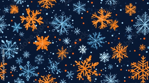 Blue and orange Christmas snowflake pattern background