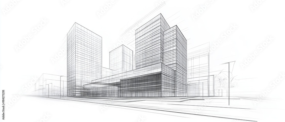Line art illustration showcasing architectural buildings in a 3D sketch format Line art illustration showcasing architectural buildings in a 3D sketch format