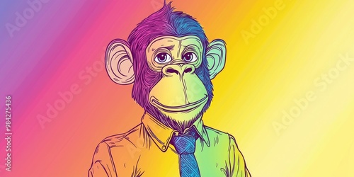 Line art illustration featuring a rainbow gradient drawing of a humorous cartoon monkey dressed in a shirt and tie