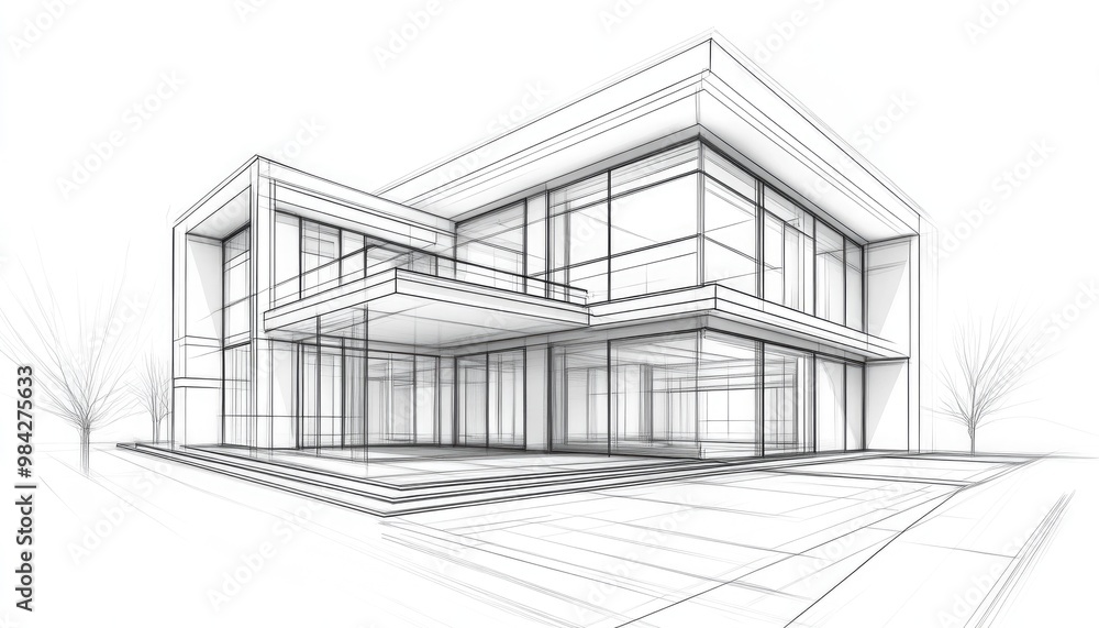 Line art depiction of architectural design for a house showcasing a 3D illustration Line art depiction of architectural design for a house showcasing a 3D illustration