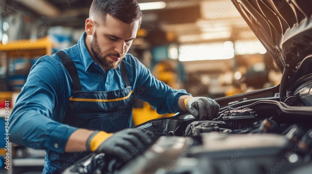 A mechanic is working on a car engine in a garage. A mechanic is working on a car engine in a garage.