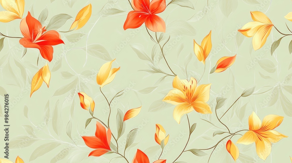 custom made wallpaper toronto digitalRed and yellow floral wall design on a light green background