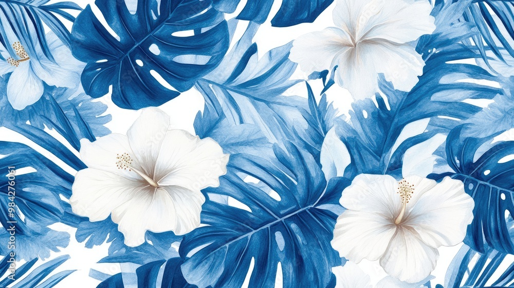 Tropical pattern featuring watercolor exotic flowers and monstera leaves Seamless design with white and blue plants including tropical palms and hibiscus flowers Ideal for a summer inspired backgr Tropical pattern featuring watercolor exotic flowers and monstera leaves Seamless design with white and blue plants including tropical palms and hibiscus flowers Ideal for a summer inspired backgr