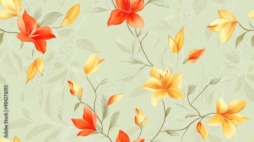 Wallpaper Mural Red and yellow floral wall design on a light green background Torontodigital.ca