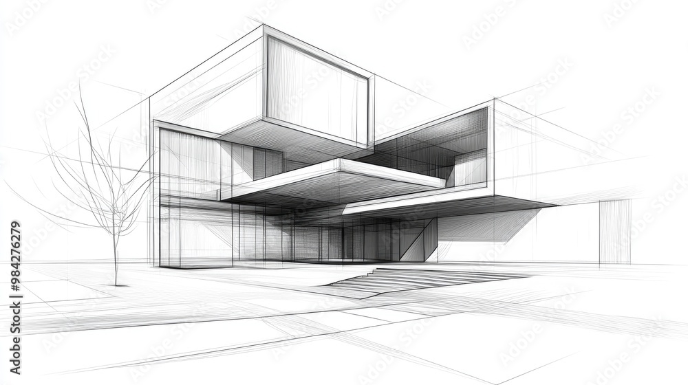 Line art illustration featuring a three dimensional architectural design Line art illustration featuring a three dimensional architectural design