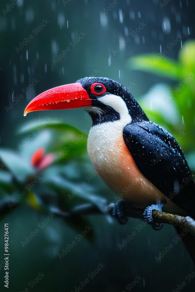 Fototapeta premium Colorful Toucan Perched on Branch in Rainforest Rainy Weather