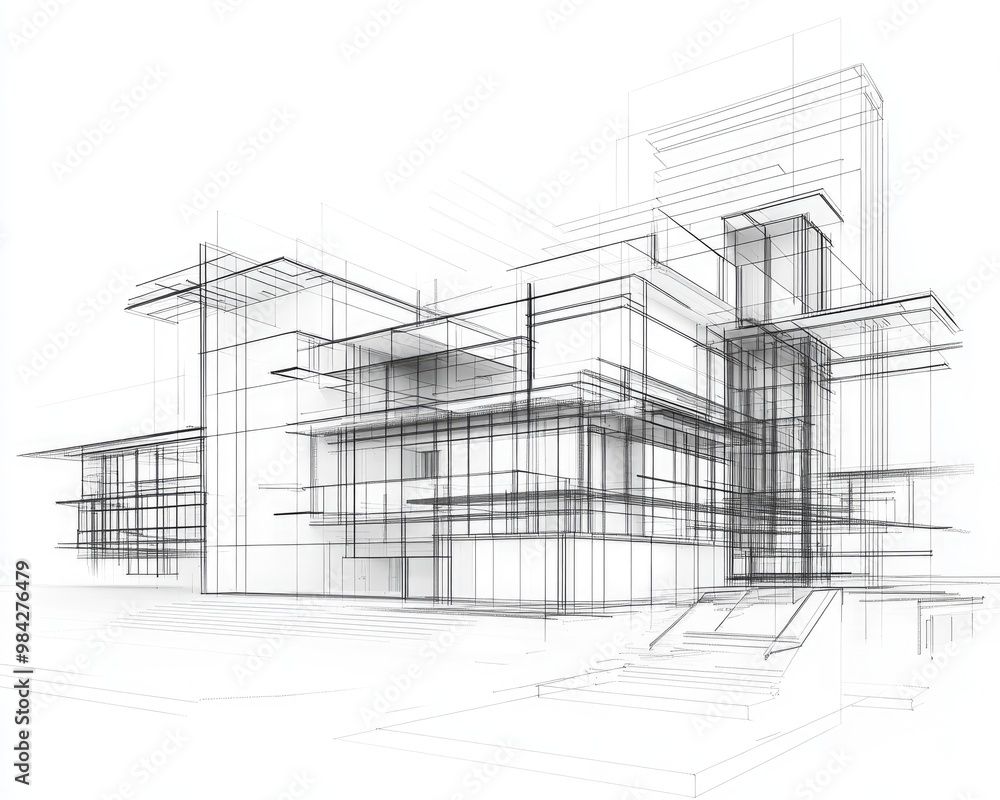 Line art depiction of contemporary architectural structure in 3D Line art depiction of contemporary architectural structure in 3D