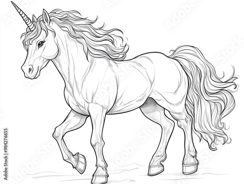 Line art illustration of a unicorn designed for a children s coloring book page