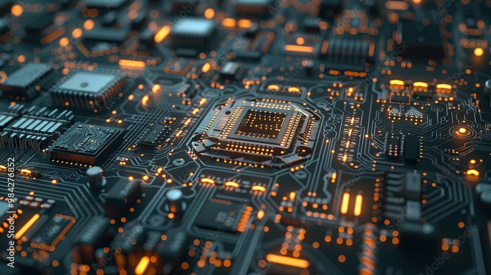 Close-up of a detailed circuit board with intricate patterns and components Close-up of a detailed circuit board with intricate patterns and components