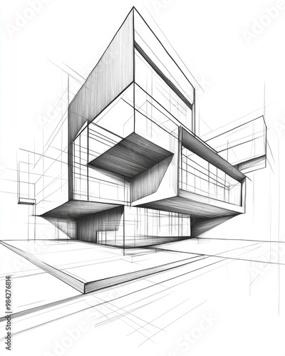 Line art design depicting a modern architectural sketch rendered in 3D