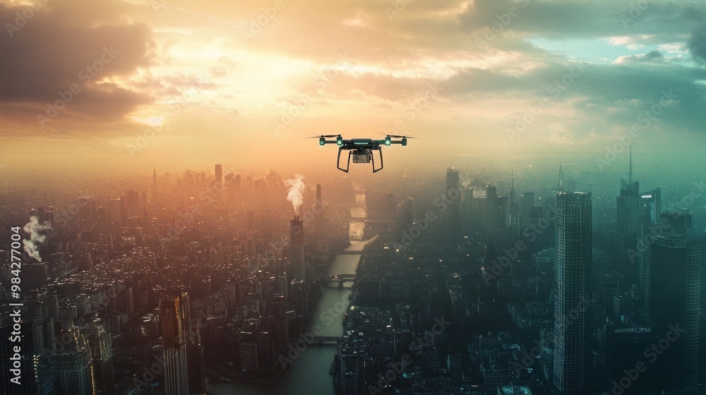 Drone flying over a city at sunset.