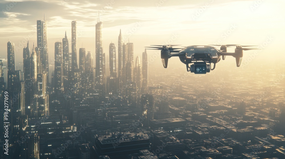 A drone flies over a futuristic city skyline at sunrise. A drone flies over a futuristic city skyline at sunrise.