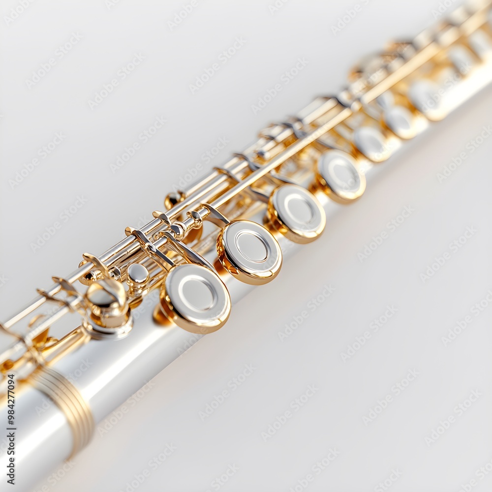 Naklejka premium Close-Up of a High-Resolution Flute, Featuring Realistic Metal Texture and Shadows Image