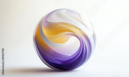 Abstract 3D ball design featuring organic curves and smooth bio forms in white ceramic with matte glass accents showcasing a gradient of purple and yellow on a white backdrop