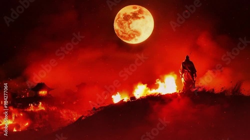 Chinese warrior stands on top a hill, with flames burning around him and buildings in a red hue floating above.  photo