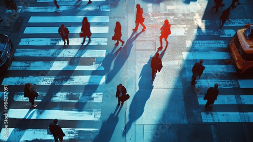 City dwellers navigate the bustling streets, their figures casting elongated shadows across the urban crosswalk. The vibrant tapestry of city life unfolds as they traverse the intersection
