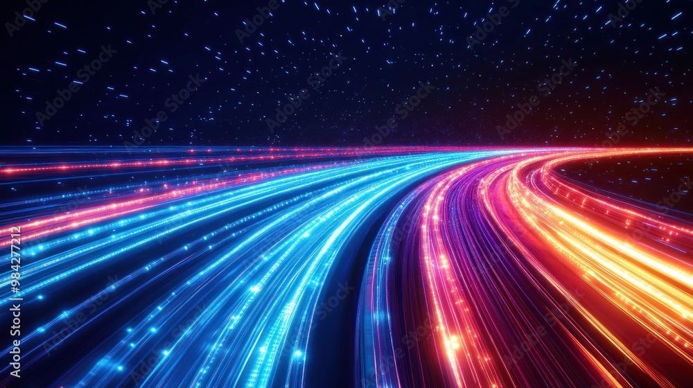 Abstract digital background with colorful light trails and stars. Abstract digital background with colorful light trails and stars.