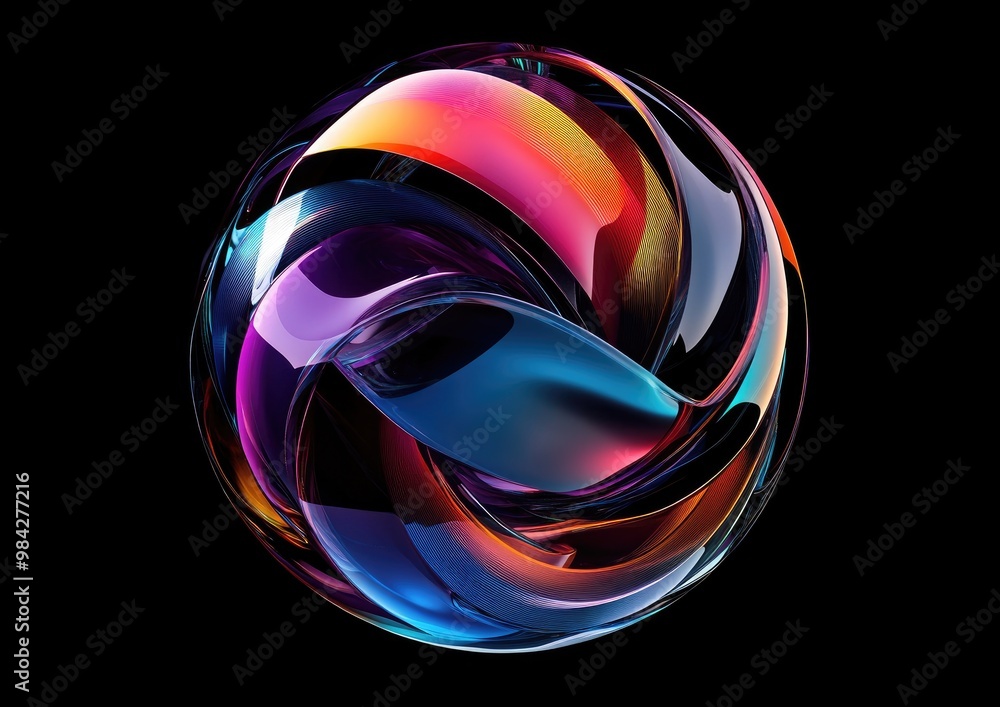Abstract line art illustration featuring a surreal 3D sphere with organic curves shiny glass metal and plastic shapes displayed in a multi colored gradient against a black background Abstract line art illustration featuring a surreal 3D sphere with organic curves shiny glass metal and plastic shapes displayed in a multi colored gradient against a black background