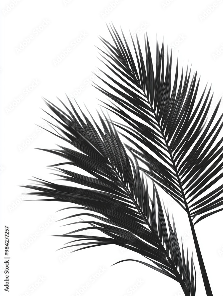 Line art depiction of a black coconut palm leaf set against a white backdrop Line art depiction of a black coconut palm leaf set against a white backdrop